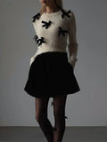 DERMEARNE Women's Elegant 3d Bow Slim Cropped Pollover Sweaters Fashion O Neck Long Sleeves Knitted Tops 2024 Autumn Lady New Chic Jumpers