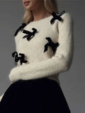 DERMEARNE Women's Elegant 3d Bow Slim Cropped Pollover Sweaters Fashion O Neck Long Sleeves Knitted Tops 2024 Autumn Lady New Chic Jumpers