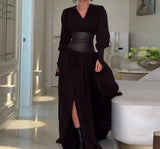 DERMEARNE Women's Evening Dress 2025 Autumn winter Latest V-neck Fashion Waist Cover Slim fit Split Maxi Dress High Waist Long Skirt