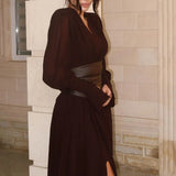 DERMEARNE Women's Evening Dress 2025 Autumn winter Latest V-neck Fashion Waist Cover Slim fit Split Maxi Dress High Waist Long Skirt