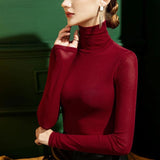 DERMEARNE Women's Fashion New Mesh T Shirt S-4XL Basic High-neck Long Sleeve Shirt Women Slim Stretch Bottoming Tops Sexy Tees Ladies