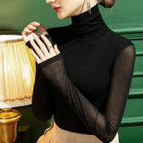 DERMEARNE Women's Fashion New Mesh T Shirt S-4XL Basic High-neck Long Sleeve Shirt Women Slim Stretch Bottoming Tops Sexy Tees Ladies