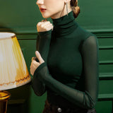 DERMEARNE Women's Fashion New Mesh T Shirt S-4XL Basic High-neck Long Sleeve Shirt Women Slim Stretch Bottoming Tops Sexy Tees Ladies