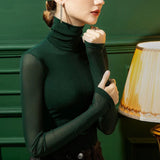 DERMEARNE Women's Fashion New Mesh T Shirt S-4XL Basic High-neck Long Sleeve Shirt Women Slim Stretch Bottoming Tops Sexy Tees Ladies