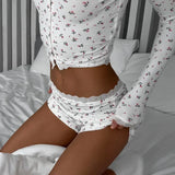 DERMEARNE Women's Floral Print Girl' Pajamas Set Autumn Long Sleeve Top And Shorts Sleepwear 2 Piece Set For Women Home Casual Skinny Suit
