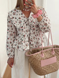 DERMEARNE Women's Kawaii Lace Floral Babydoll Tops Casual Loose Doll Collar Open Front Tie-Up Ruffled Hem Long Sleeve Blouse Tee Shirt