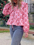 DERMEARNE Women's Kawaii Lace Floral Babydoll Tops Casual Loose Doll Collar Open Front Tie-Up Ruffled Hem Long Sleeve Blouse Tee Shirt