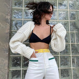 DERMEARNE Women's Knitted Ultra Short Sweater Cardigan Solid Color Long Sleeve Loose Crop Top Knitwear Jacket Coat E-Girls Streetwear