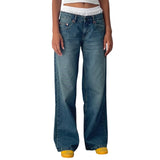 DERMEARNE Women's Low Rise Jeans Wide Leg Trousers with Multi Pockets Oversized Fit Floor Length Buttons and with zip Washed Denim Pants