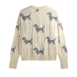 DERMEARNE Women's New Dog Print Knitted Cardigan Oversized Loose Long-sleeved Crew Neck Knitted Jacket Simple Commuter Sweater