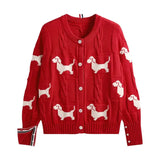 DERMEARNE Women's New Dog Print Knitted Cardigan Oversized Loose Long-sleeved Crew Neck Knitted Jacket Simple Commuter Sweater