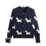 DERMEARNE Women's New Dog Print Knitted Cardigan Oversized Loose Long-sleeved Crew Neck Knitted Jacket Simple Commuter Sweater
