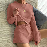 Dermearne Women's Pajamas Sets Waffle Knit Casual Pyjamas Female Pijamas Mujer Homewear Soft Sleepwear Long Sleeve Cami Top Shorts Suit