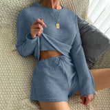 Dermearne Women's Pajamas Sets Waffle Knit Casual Pyjamas Female Pijamas Mujer Homewear Soft Sleepwear Long Sleeve Cami Top Shorts Suit
