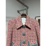 DERMEARNE Women's Pink Turn Down Collar High Quality Tweed Long Sleeve Feather Jacket Tops and Skirt Sets 2025 for Office Ladies
