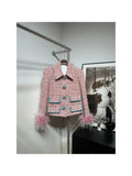 DERMEARNE Women's Pink Turn Down Collar High Quality Tweed Long Sleeve Feather Jacket Tops and Skirt Sets 2025 for Office Ladies