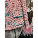 DERMEARNE Women's Pink Turn Down Collar High Quality Tweed Long Sleeve Feather Jacket Tops and Skirt Sets 2025 for Office Ladies