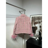DERMEARNE Women's Pink Turn Down Collar High Quality Tweed Long Sleeve Feather Jacket Tops and Skirt Sets 2025 for Office Ladies