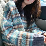 DERMEARNE Women's Pullover Stripe Patchwork Knit Autumn and Winter New Vintage young style Round Neck Long Sleeve Loose Relaxed Sweater