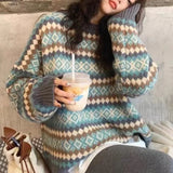 DERMEARNE Women's Pullover Stripe Patchwork Knit Autumn and Winter New Vintage young style Round Neck Long Sleeve Loose Relaxed Sweater