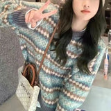 DERMEARNE Women's Pullover Stripe Patchwork Knit Autumn and Winter New Vintage young style Round Neck Long Sleeve Loose Relaxed Sweater