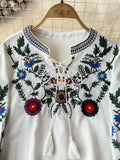 DERMEARNE Women's Retro Blouse National Style Embroidered Lace-Up Tassel V-Neck Lantern Sleeve Tops Loose All-Match Female Blusa A21