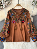 DERMEARNE Women's Retro Blouse National Style Embroidered Lace-Up Tassel V-Neck Lantern Sleeve Tops Loose All-Match Female Blusa A21