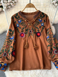 DERMEARNE Women's Retro Blouse National Style Embroidered Lace-Up Tassel V-Neck Lantern Sleeve Tops Loose All-Match Female Blusa A21