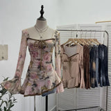 DERMEARNE Women's Retro Chic French Square Neck Lace-Up Bell Sleeve Long Sleeve Top Personalized Smudged Print Irregular Hem Sweety Shirt