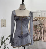 DERMEARNE Women's Retro Chic French Square Neck Lace-Up Bell Sleeve Long Sleeve Top Personalized Smudged Print Irregular Hem Sweety Shirt