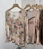 DERMEARNE Women's Retro Chic French Square Neck Lace-Up Bell Sleeve Long Sleeve Top Personalized Smudged Print Irregular Hem Sweety Shirt