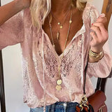 DERMEARNE Women's Retro Ethnic V-Neck Lace Chiffon Shirt Casual Loose Office Top Spring Fashion Ladies Tops 2025