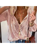 DERMEARNE Women's Retro Ethnic V-Neck Lace Chiffon Shirt Casual Loose Office Top Spring Fashion Ladies Tops 2025