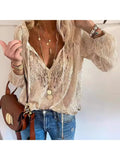 DERMEARNE Women's Retro Ethnic V-Neck Lace Chiffon Shirt Casual Loose Office Top Spring Fashion Ladies Tops 2025