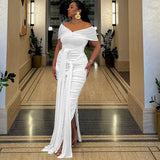 DERMEARNE Women's Ruffles White Long Dresses Party Club Off Shoulder Sexy White Maxi Sleeveless Cocktail Curvy Bandage Dress Evening New