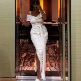 DERMEARNE Women's Ruffles White Long Dresses Party Club Off Shoulder Sexy White Maxi Sleeveless Cocktail Curvy Bandage Dress Evening New