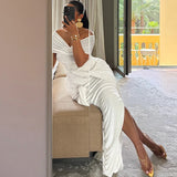 DERMEARNE Women's Ruffles White Long Dresses Party Club Off Shoulder Sexy White Maxi Sleeveless Cocktail Curvy Bandage Dress Evening New