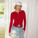 DERMEARNE Women's Single Breasted Button Long Sleeve T Shirt O Neck Cardigan Crop Top Slim Fit Tees Shirt Female 2025 Autumn Yuqung