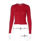 DERMEARNE Women's Single Breasted Button Long Sleeve T Shirt O Neck Cardigan Crop Top Slim Fit Tees Shirt Female 2025 Autumn Yuqung