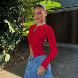 DERMEARNE Women's Single Breasted Button Long Sleeve T Shirt O Neck Cardigan Crop Top Slim Fit Tees Shirt Female 2025 Autumn Yuqung