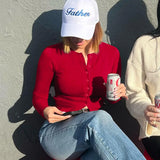 DERMEARNE Women's Single Breasted Button Long Sleeve T Shirt O Neck Cardigan Crop Top Slim Fit Tees Shirt Female 2025 Autumn Yuqung