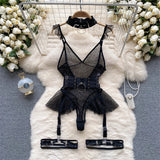 DERMEARNE Women's Skinny Lace Playsuits Vintage Overall Sleevesless Jumpsuits Elegant Black Gothic Exotic Sexy Rompers Coquette Clothing