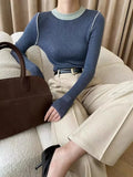 DERMEARNE Women's Supple Color Blocking Base Layer Top Round Neck Knit Sweater High-End Feel Long Sleeves O Neck Pullovers