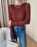 DERMEARNE Women's Supple Color Blocking Base Layer Top Round Neck Knit Sweater High-End Feel Long Sleeves O Neck Pullovers