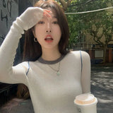 DERMEARNE Women's Supple Color Blocking Base Layer Top Round Neck Knit Sweater High-End Feel Long Sleeves O Neck Pullovers