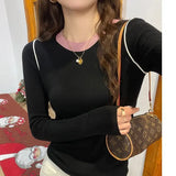 DERMEARNE Women's Supple Color Blocking Base Layer Top Round Neck Knit Sweater High-End Feel Long Sleeves O Neck Pullovers