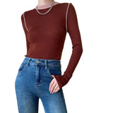 DERMEARNE Women's Supple Color Blocking Base Layer Top Round Neck Knit Sweater High-End Feel Long Sleeves O Neck Pullovers