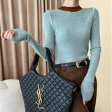 DERMEARNE Women's Supple Color Blocking Base Layer Top Round Neck Knit Sweater High-End Feel Long Sleeves O Neck Pullovers