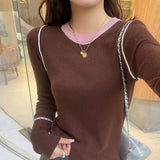 DERMEARNE Women's Supple Color Blocking Base Layer Top Round Neck Knit Sweater High-End Feel Long Sleeves O Neck Pullovers