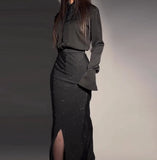 DERMEARNE Women's Two-Piece Set Fashion and Elegant Hot Diamond Long Sleeved Shirt Top and Rhinestone Split Buttocks Maxi Long Skirt Set